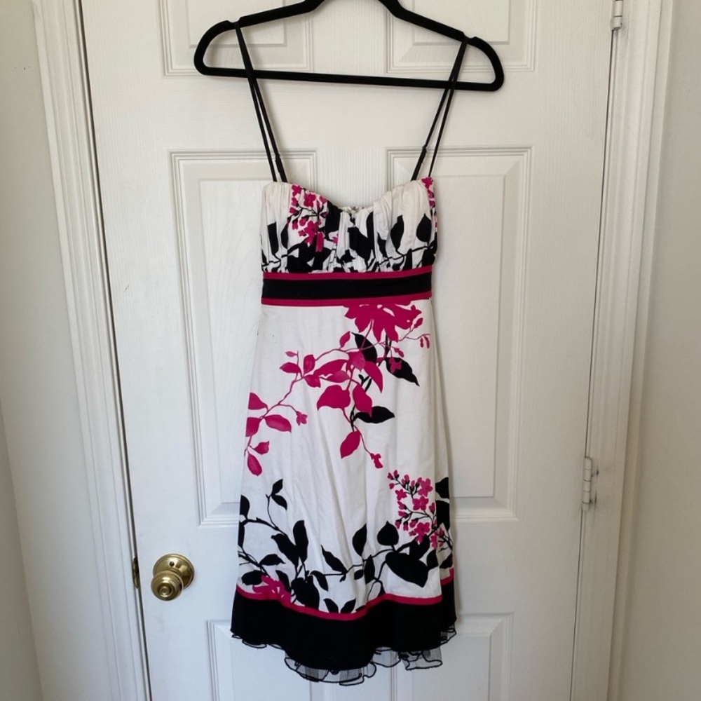 White Sundress with Black & Fuchsia Floral Print